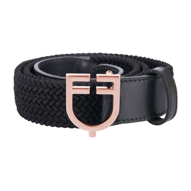 Cintura Equestro in pelle elastica con fibbia rose gold con logo Nero