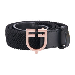 Cintura Equestro in pelle elastica con fibbia rose gold con logo Nero