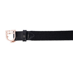 Cintura Equestro in pelle elastica con fibbia rose gold con logo Nero