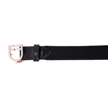 Cintura Equestro in pelle elastica con fibbia rose gold con logo Nero