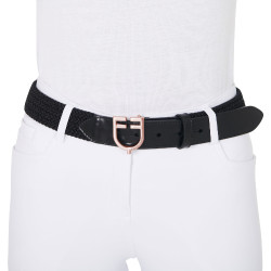 Cintura Equestro in pelle elastica con fibbia rose gold con logo Nero
