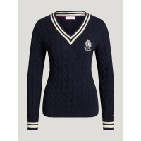 Maglione da donna a trecce con scollo a V Roseville Tommy Hilfiger Equestrian Cielo del deserto Blu Maglione da donna a trecce con scollo a V Roseville Tommy Hilfiger Equestrian Cielo del deserto Blu