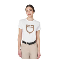 T-shirt donna con logo monogram effetto velluto Equestro Bianco / marrone tabacco