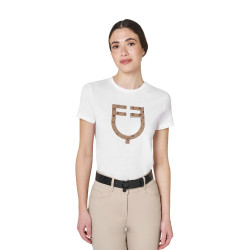 T-shirt donna con logo monogram effetto velluto Equestro Bianco / marrone tabacco