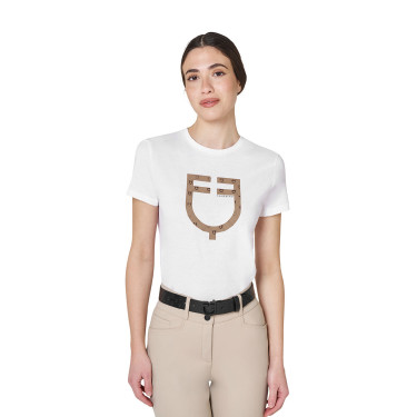 T-shirt donna con logo monogram effetto velluto Equestro Bianco / marrone tabacco