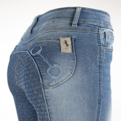 Pantaloni Jean fondello integrale in silicone a vita alta Kaia da donna Horze Blu Pantaloni Jean fondello integrale in silicone a vita alta Kaia da donna Horze Blu