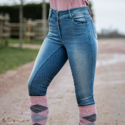 Pantaloni Jean fondello integrale in silicone a vita alta Kaia da donna Horze Blu Pantaloni Jean fondello integrale in silicone a vita alta Kaia da donna Horze Blu