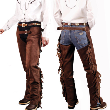 Chaps western Lakota in pelle scamosciata con frange Marrone